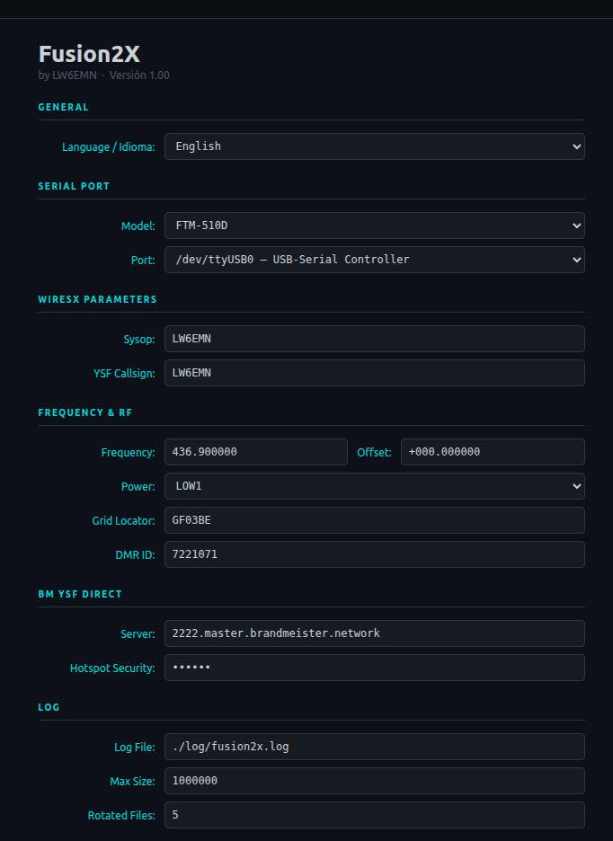 Panel de configuración Fusion2x